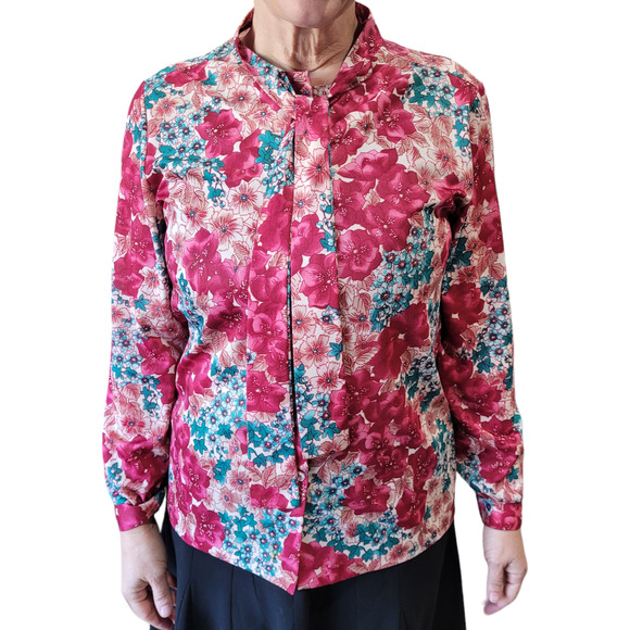 VINTAGE 1980s Bright Graphic Floral Silky Blouse Medium Neck Kitschy Grannycore - Picture 1 of 8